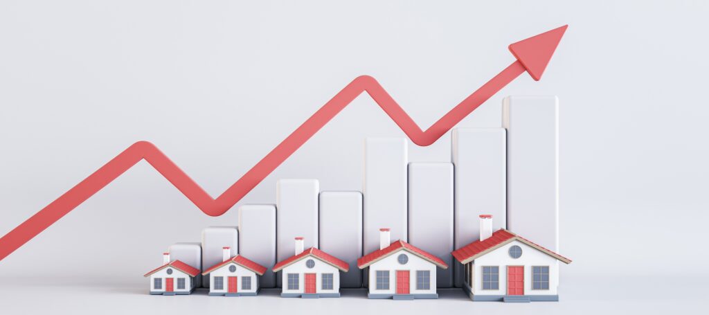 Abstract image of rising house prices on light backdrop with red arrow, chart and houses. 3D Rendering