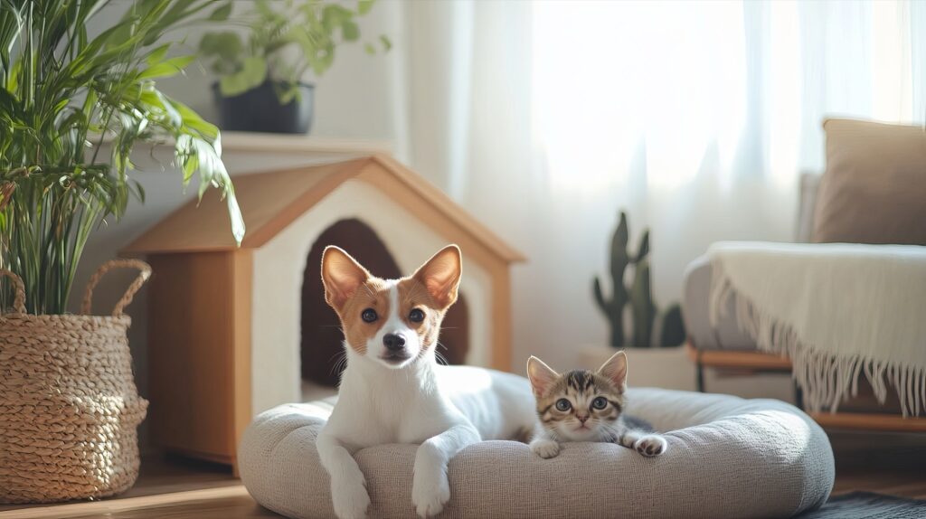 Dog and cat resting together in a pet bed in a bright room with plants and a dog house behind them