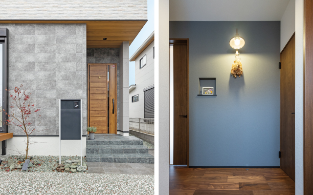 光が降り注ぐスリット階段のある家の画像